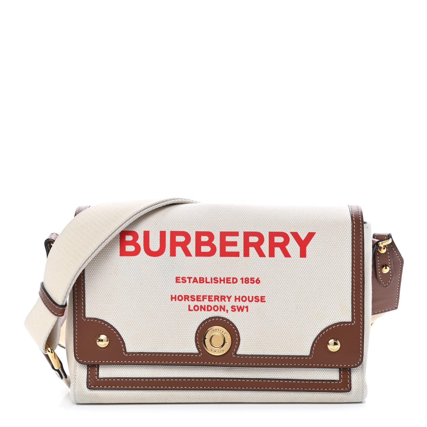 Burberry Canvas Horseferry Print Note Crossbody Bag Natural Tan Fiery Red 1 of 7