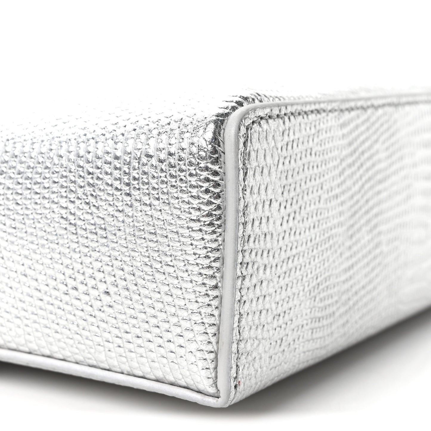 Lizard Embossed Top Handle Slim Vanity With Chain Silver
