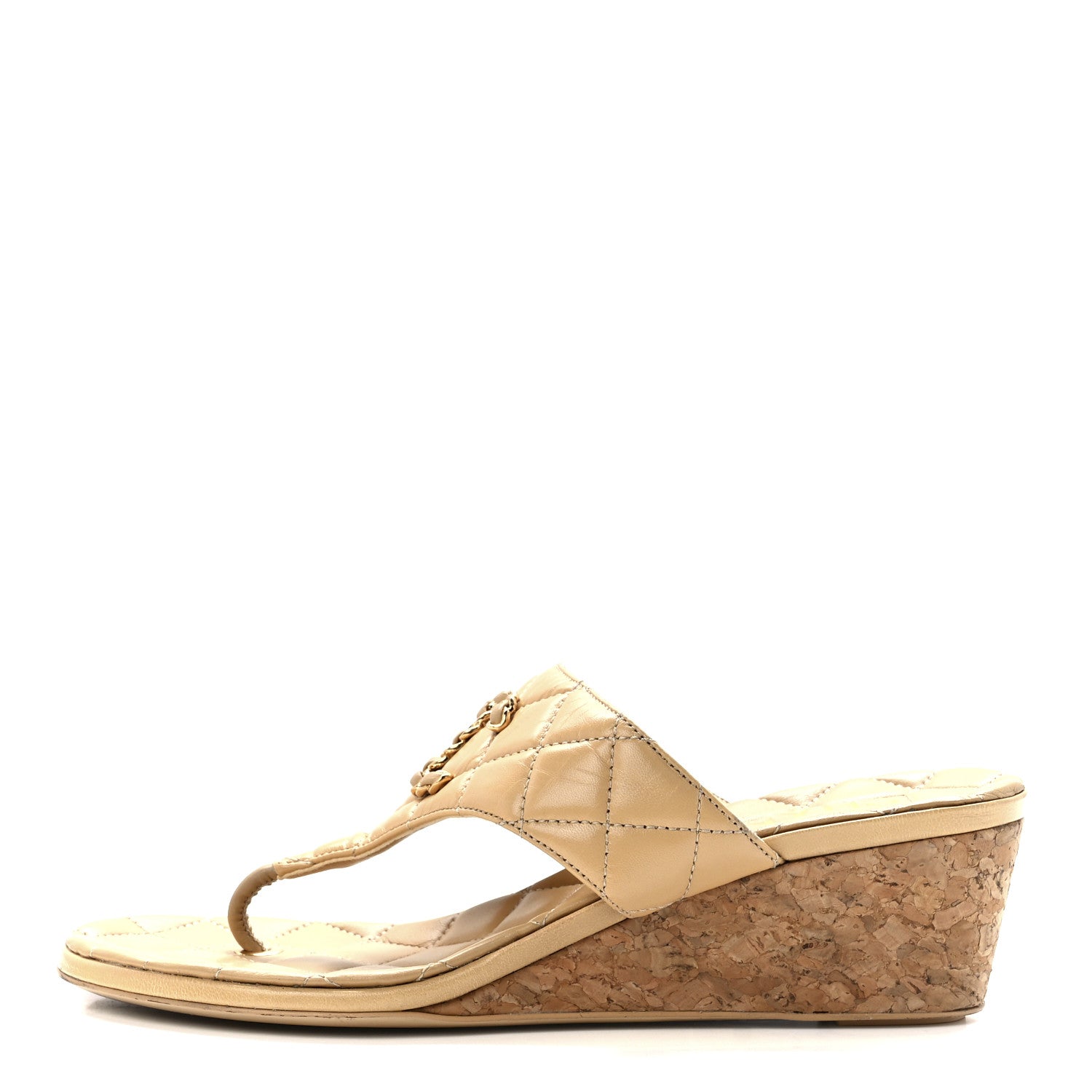 Chanel Shiny Goatskin Cork CC Wedge Sandals 36 Beige 1 of 9