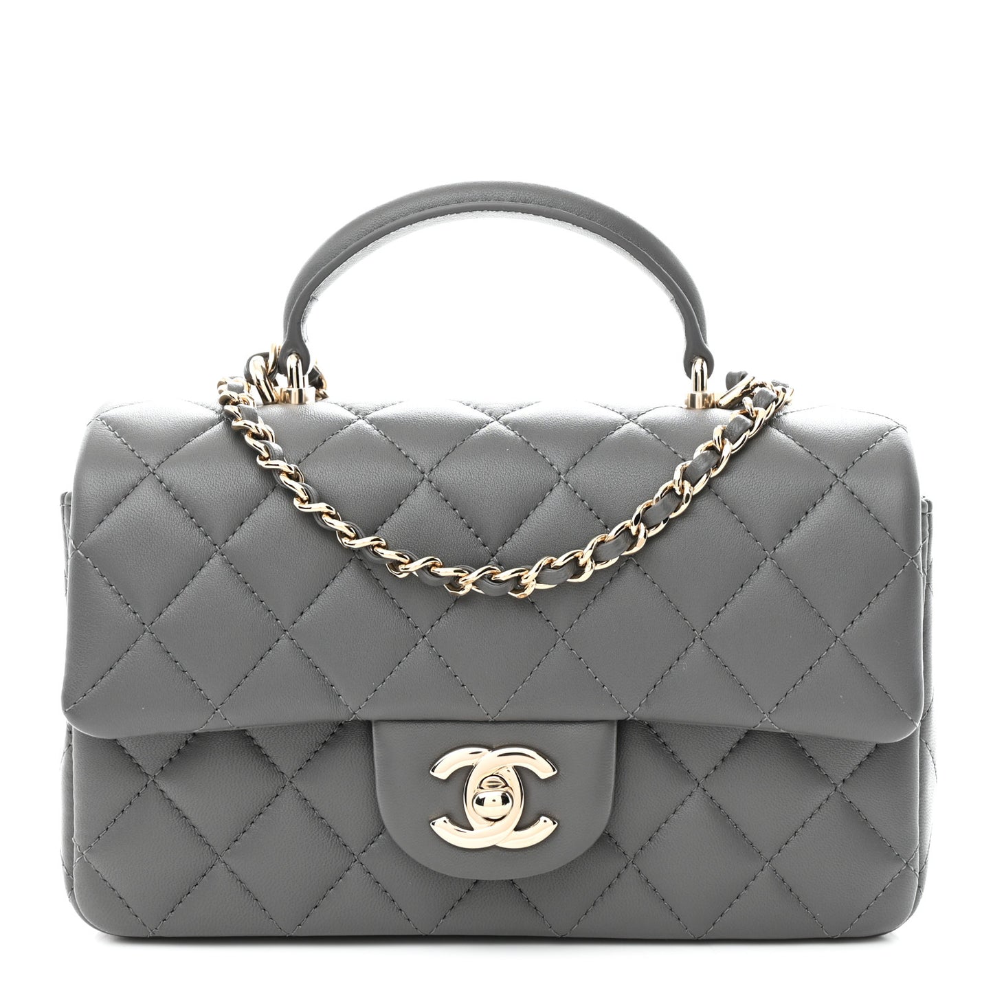 Lambskin Quilted Mini Top Handle Rectangular Flap Dark Grey