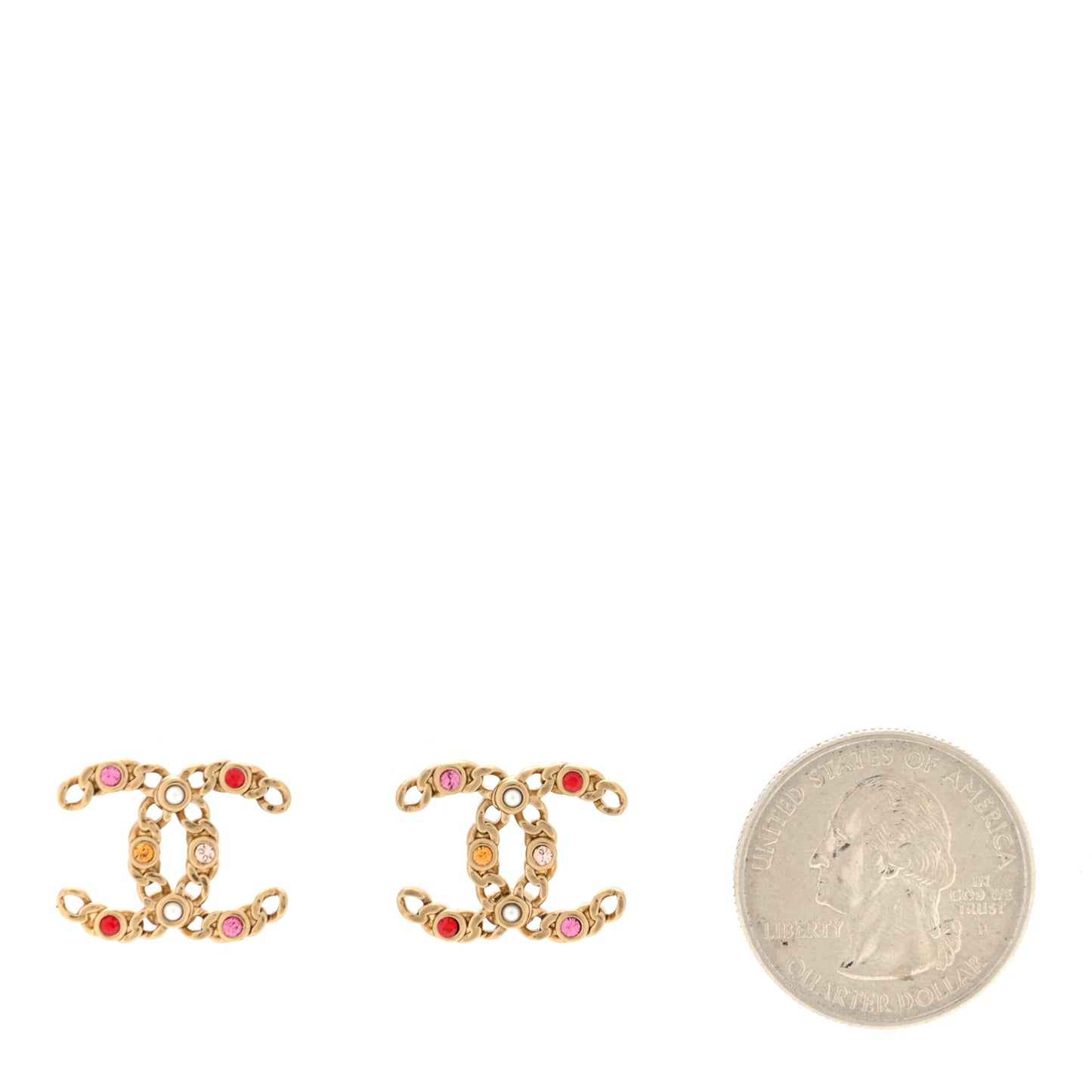 Pearl Crystal Chain Link CC Earrings Gold Red Pink Yellow