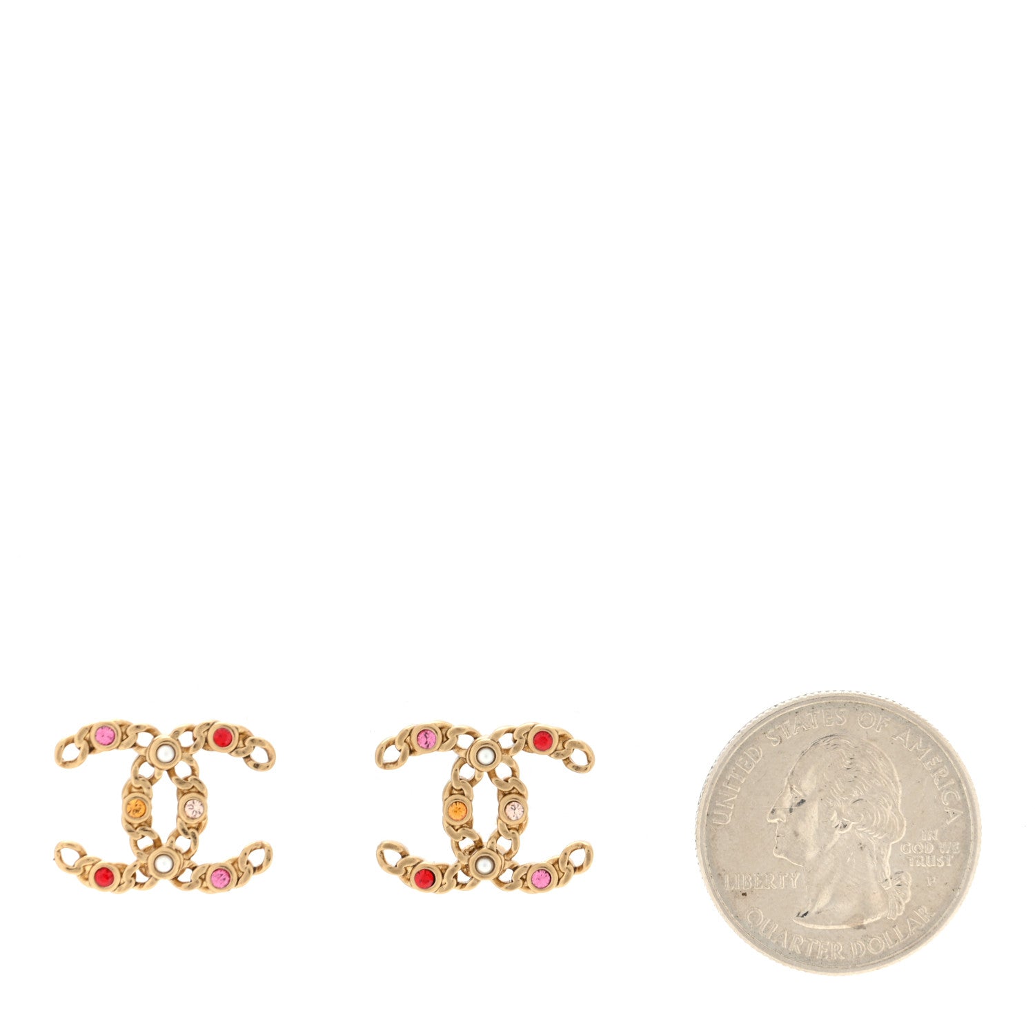 Chanel Pearl Crystal Chain Link CC Earrings Gold Red Pink Yellow 2 of 4