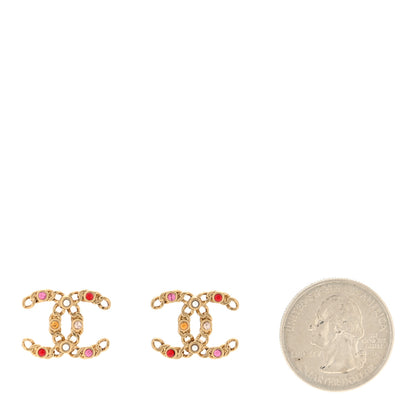Chanel Pearl Crystal Chain Link CC Earrings Gold Red Pink Yellow 2 of 4