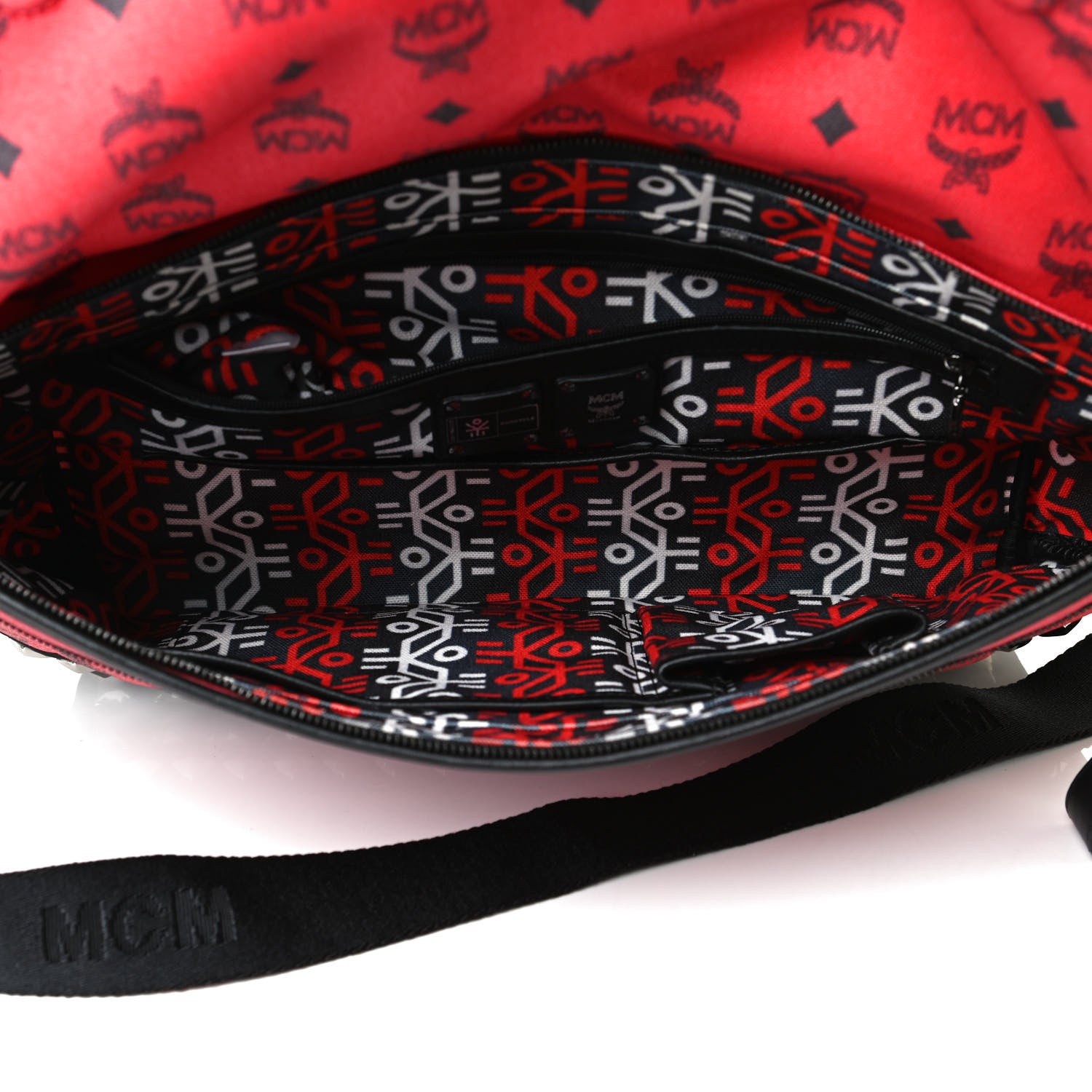 MCM X Ekocycle Monogram Coated Canvas Studded Messenger Bag Red 5 of 13