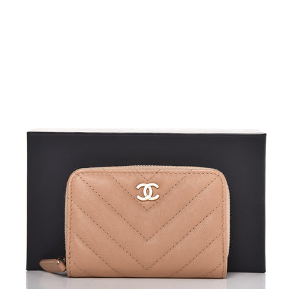 Chanel Calfskin Chevron Quilted Zip Around Coin Purse Beige 8 of 8