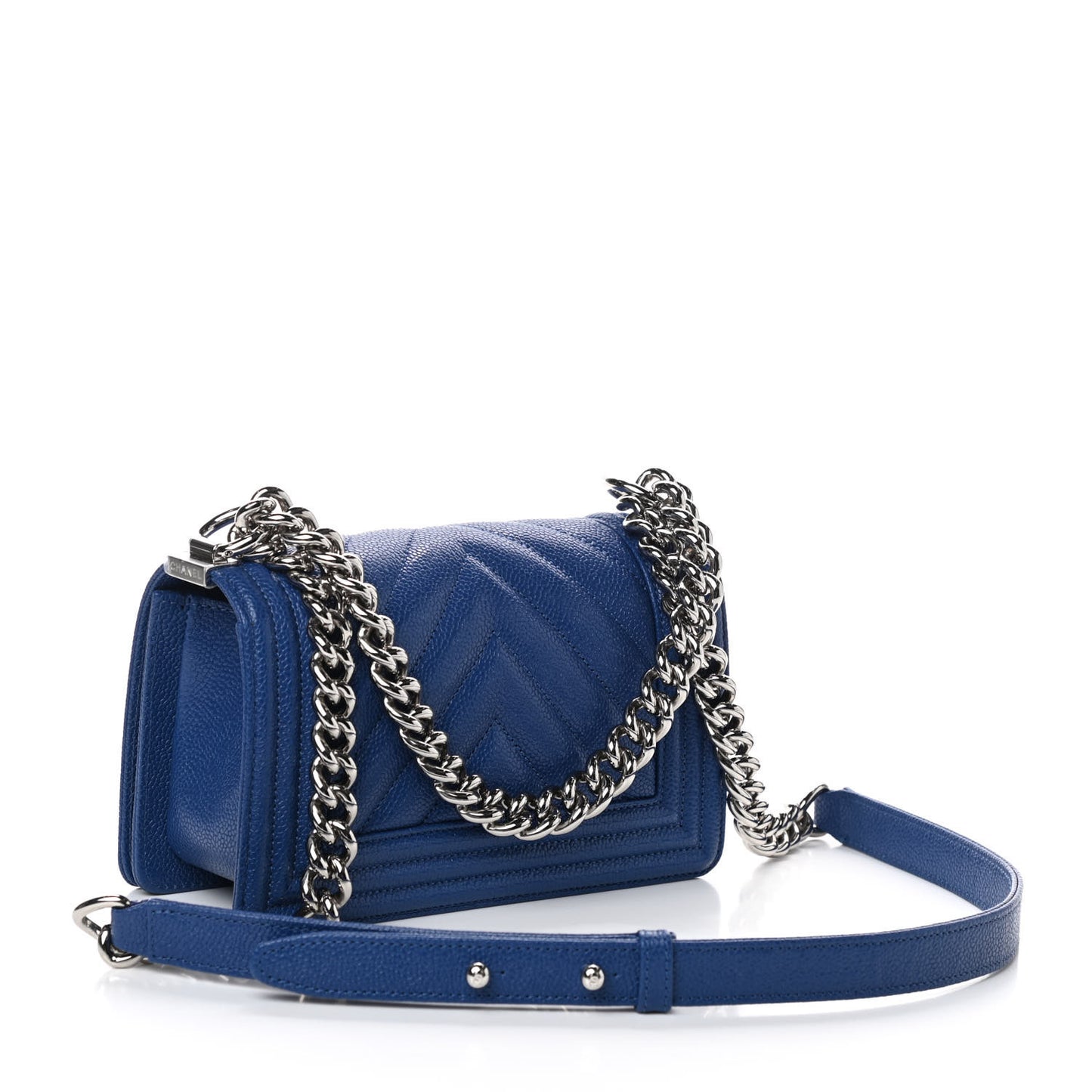 Caviar Chevron Quilted Small Boy Flap Dark Blue