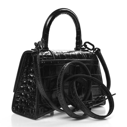 Balenciaga Shiny Calfskin Monochrome Crocodile Embossed Small Hourglass Top Handle Bag Black 3 of 10