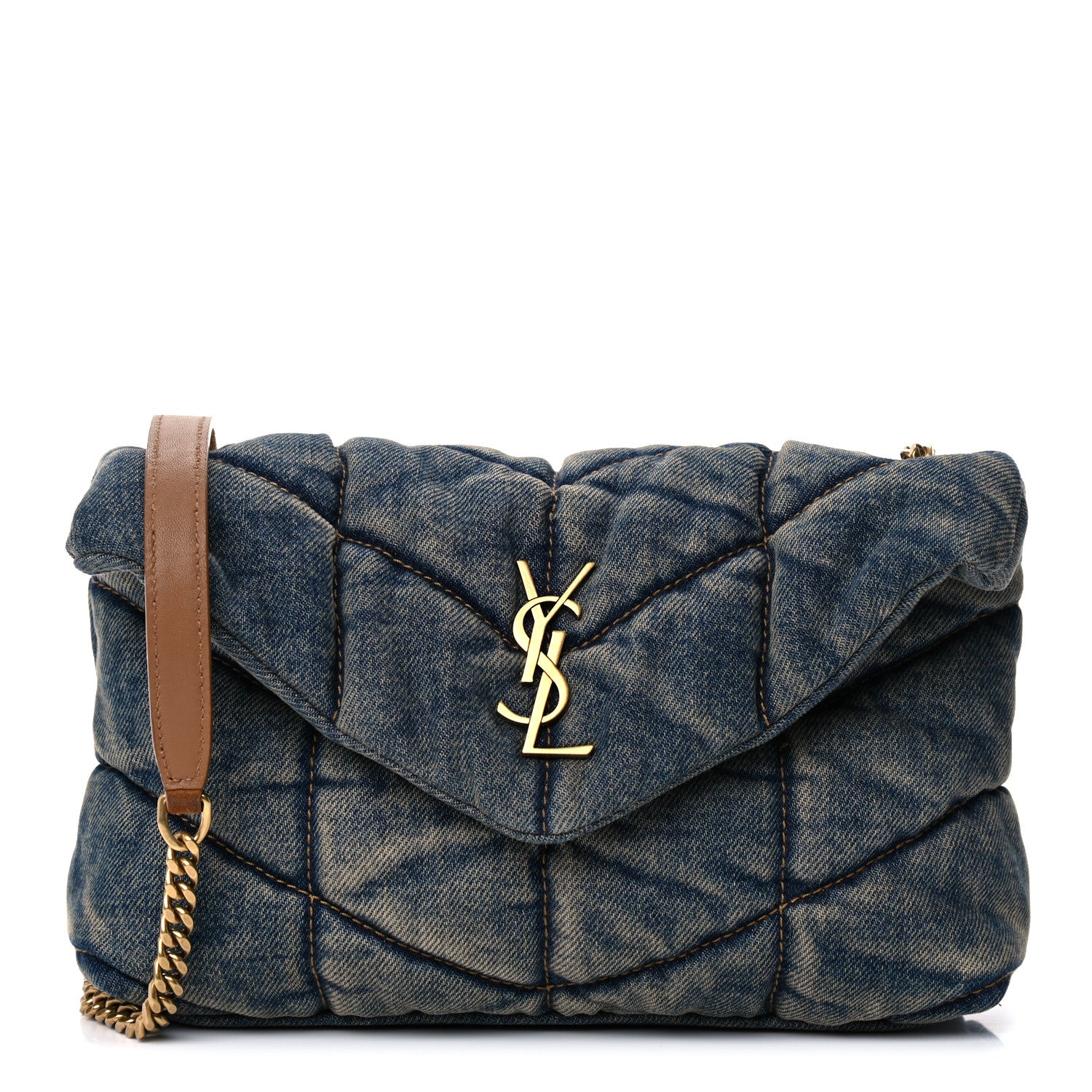 Saint Laurent Denim Quilted Toy Loulou Puffer Monogram Chain Satchel Blue Cinnamon 1 of 11