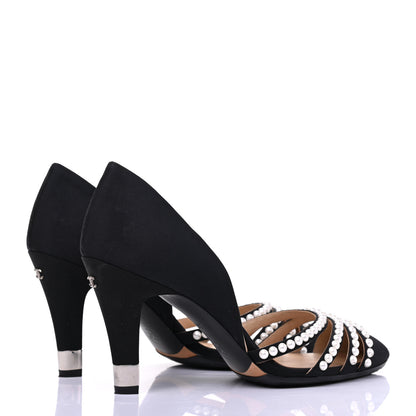 Chanel Satin Grosgrain Pearl Pumps 36.5 Black 4 of 11