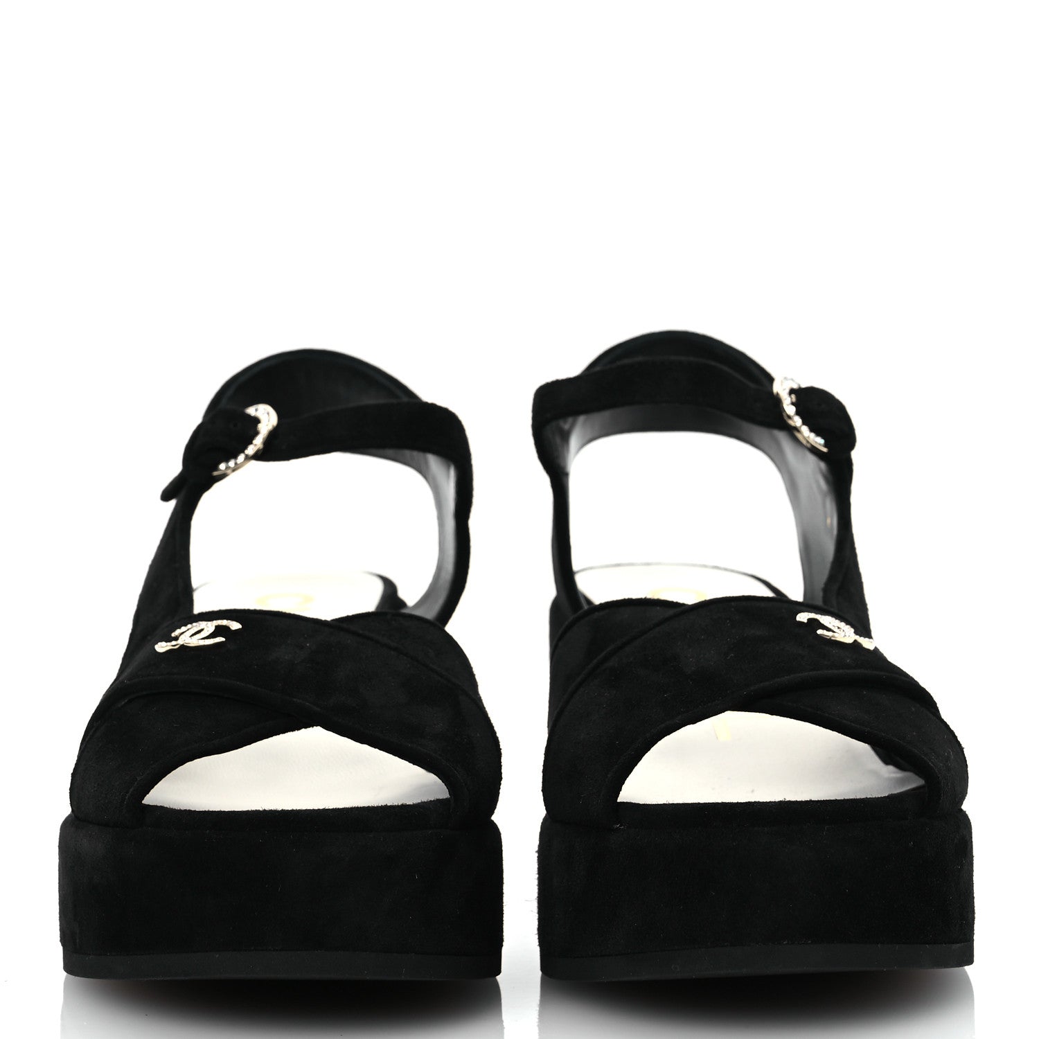 Chanel Suede Calfskin Peep Toe Wedge Sandals 40.5 Black 3 of 14