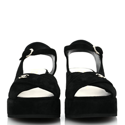 Chanel Suede Calfskin Peep Toe Wedge Sandals 40.5 Black 3 of 14