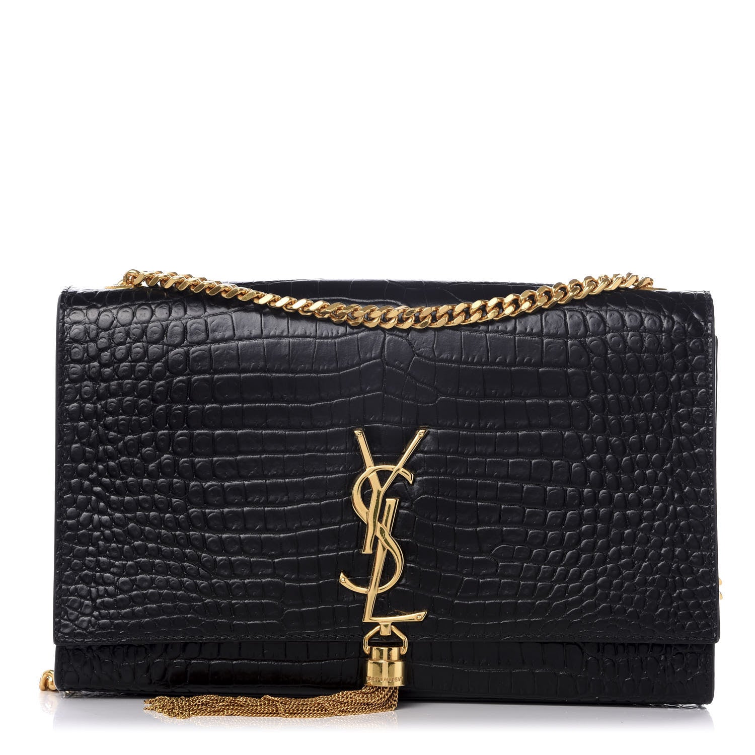 Saint Laurent Calfskin Crocodile Embossed Medium Classic Monogram Kate Tassel Satchel Black 1 of 8