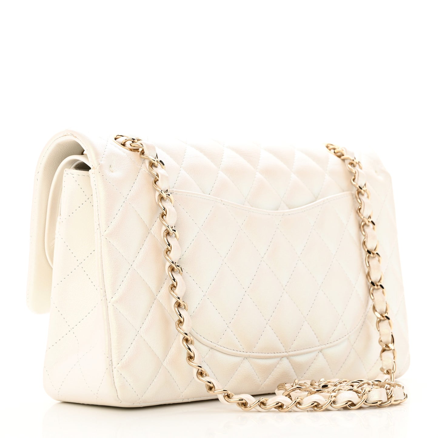 Iridescent Calfskin Quilted Medium Double Flap White