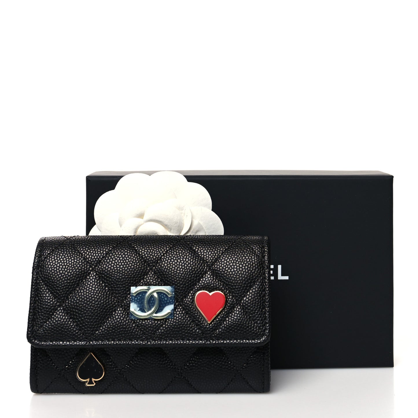 Caviar Quilted Enamel Coco Casino Flap Card Holder Wallet Black