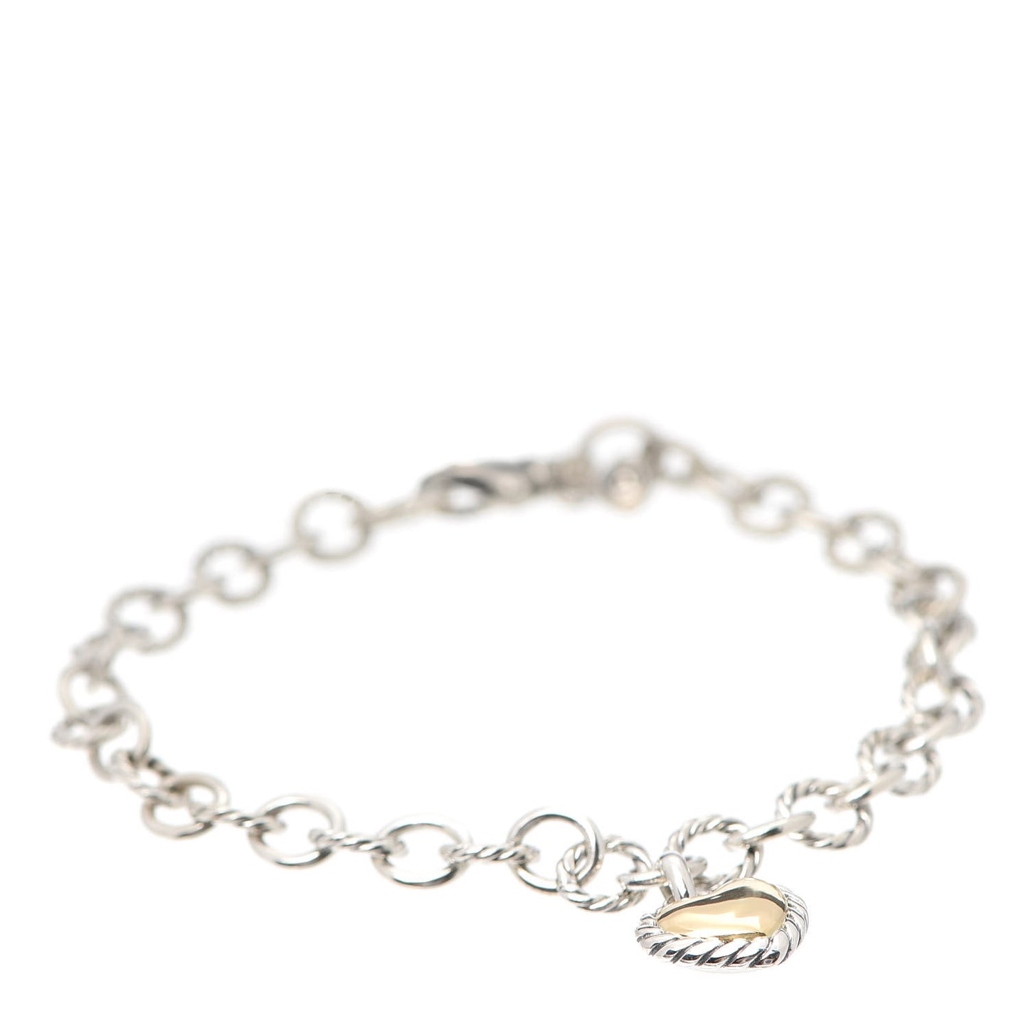 Sterling Silver 18K Yellow Gold Cable Cookie Classic Heart Charm Bracelet
