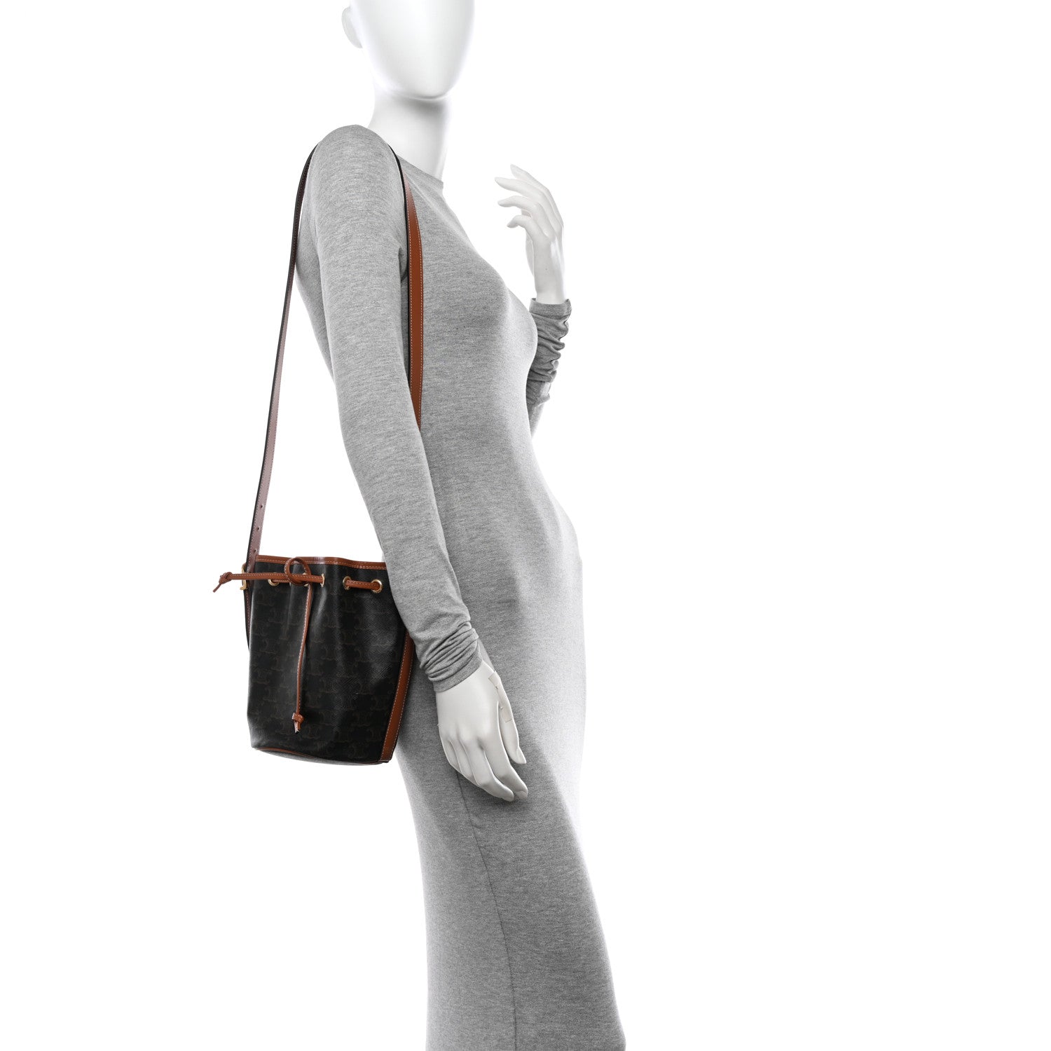 Celine Triomphe Canvas Calfskin Small Drawstring Bucket Bag Tan 2 of 10
