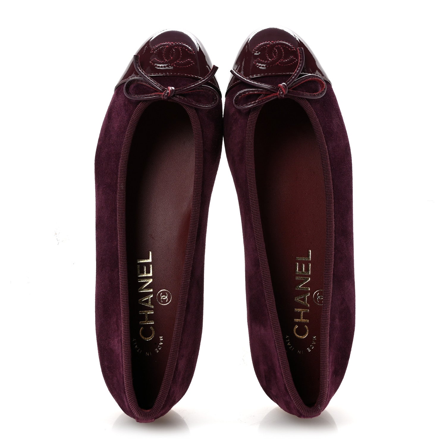 Chanel Suede Calfskin Patent Cap Toe CC Ballerina Flats 37 Burgundy 2 of 10