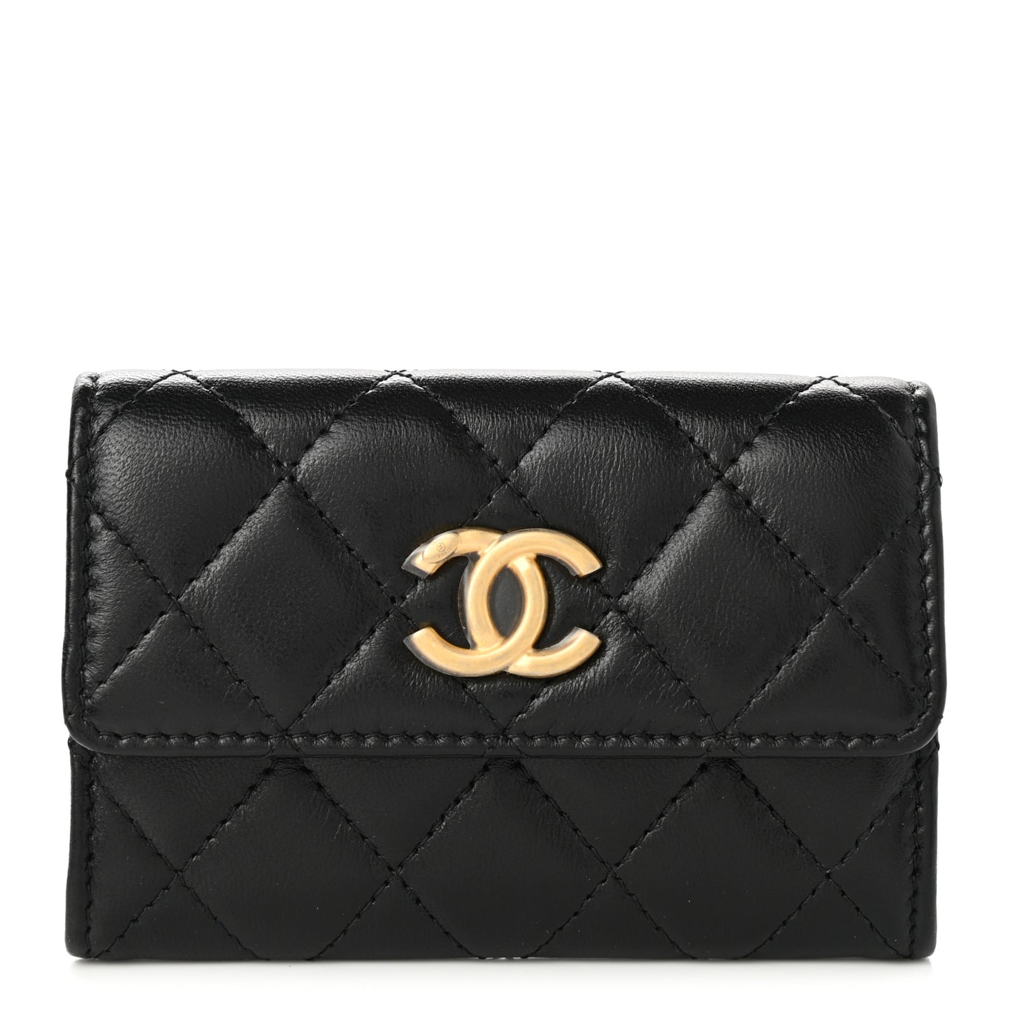 Lambskin Quilted Flap Card Holder Wallet Black