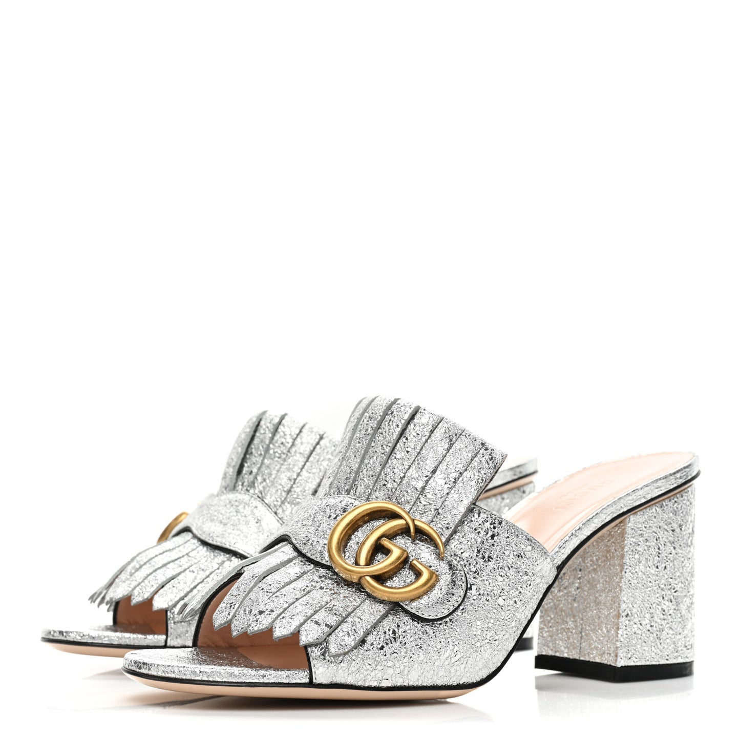 Galassia GG Marmont Fringe 75mm Slide Sandals 37.5 Argento