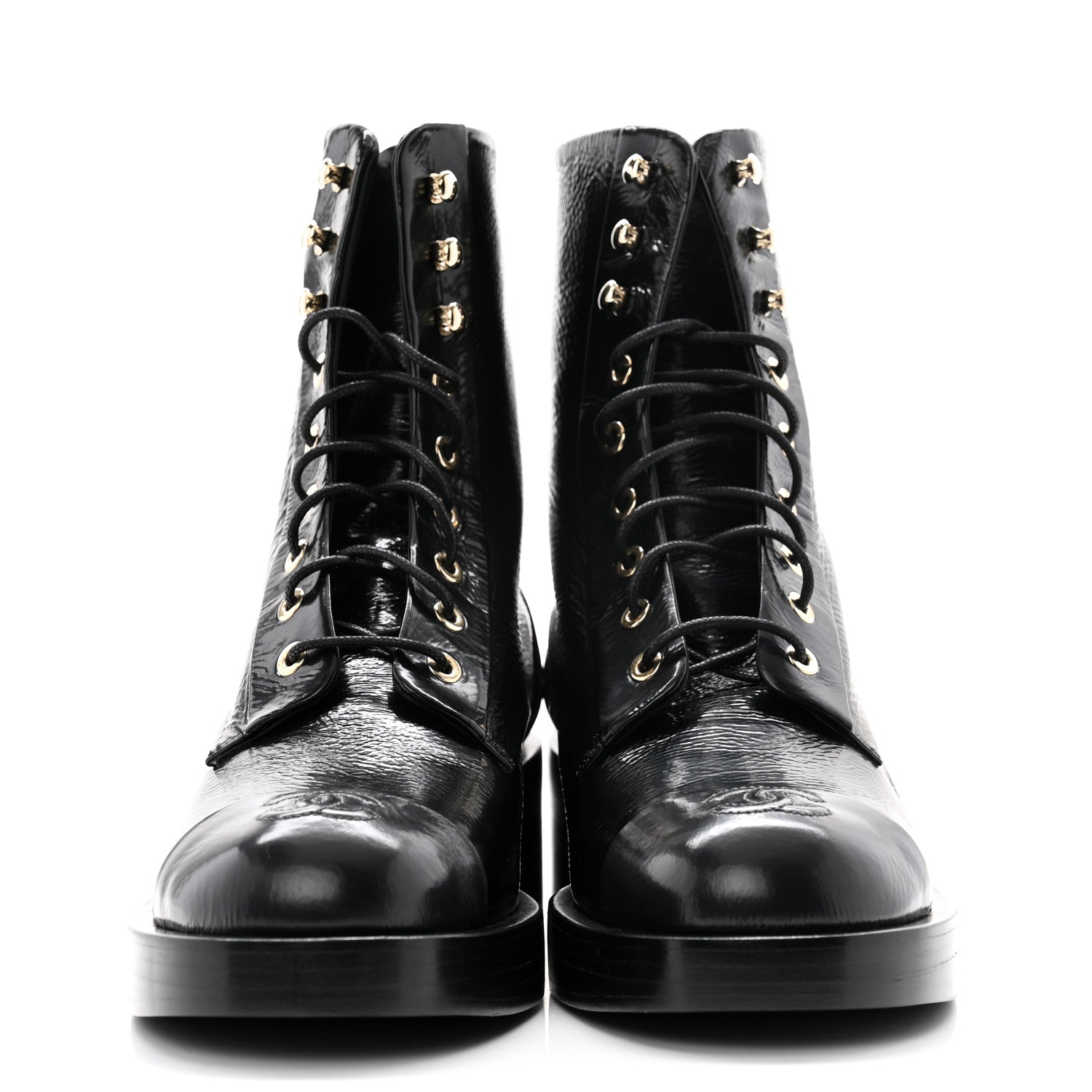 Chanel Shiny Goatskin Cap Toe Combat Boots 39.5 Black Dark Grey 2 of 8