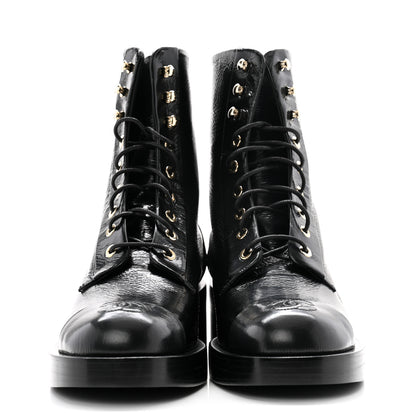 Chanel Shiny Goatskin Cap Toe Combat Boots 39.5 Black Dark Grey 2 of 8