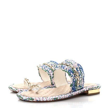 Chanel Raffia Lambskin Woven Chain CC Toe Ring Sandals 41 Blue Pink 3 of 8