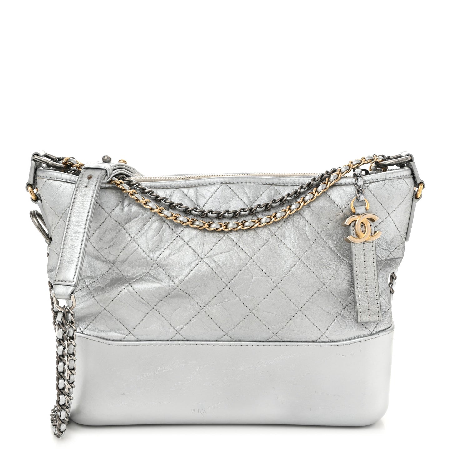 Metallic Aged Calfskin Quilted Medium Gabrielle Silver