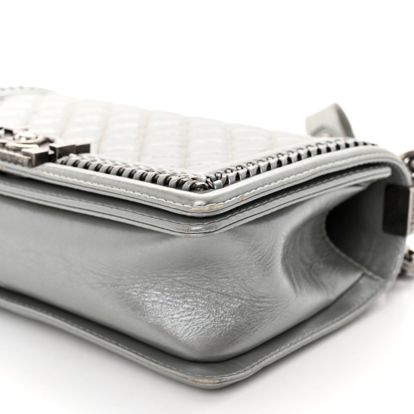 Metallic Aged Calfskin Quilted Medium Top Handle Boy Flap Silver
