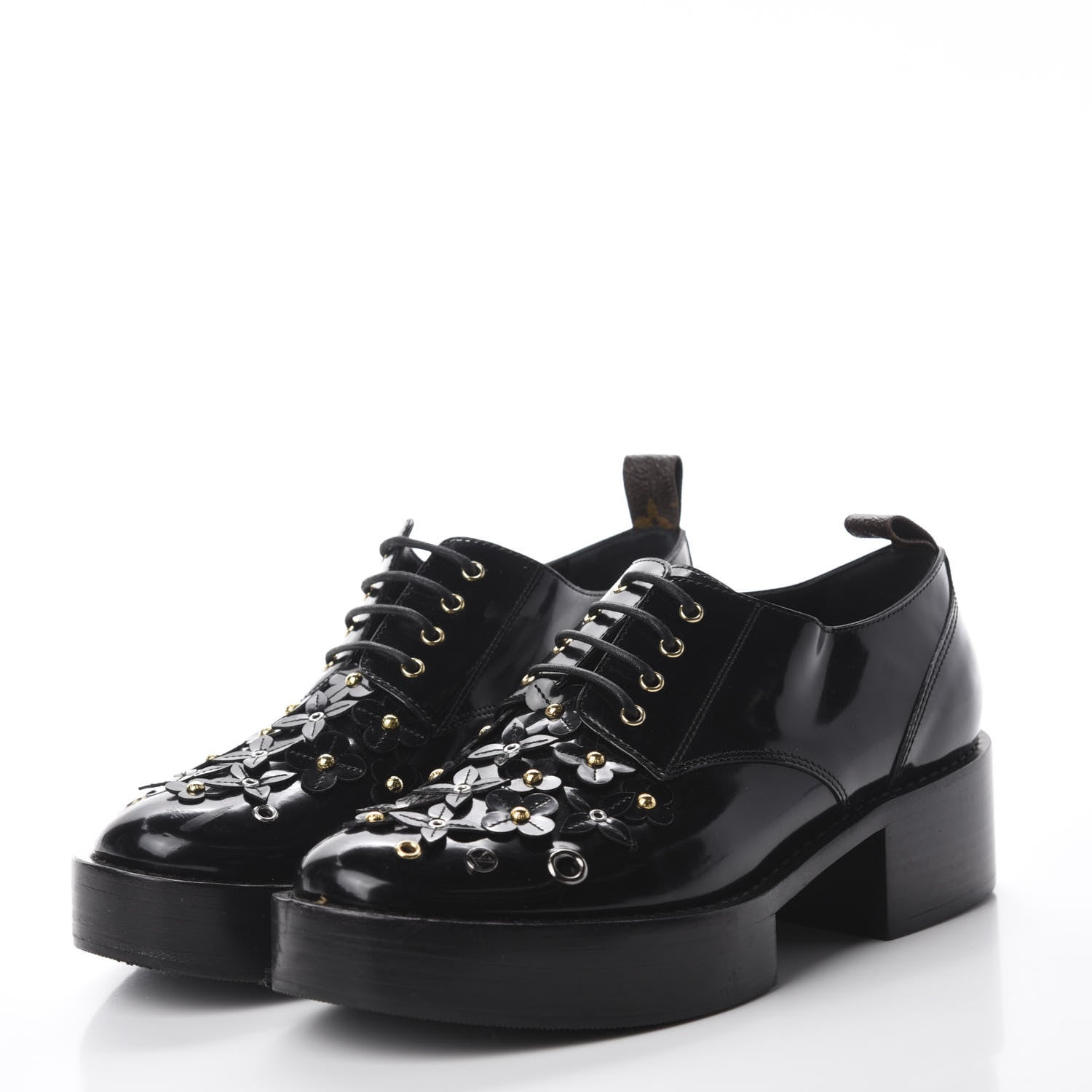 Louis Vuitton Patent Calfskin Blooms Flat Derby Platform Shoes 39 Black 3 of 9