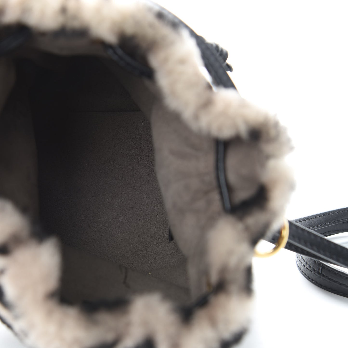 Shearling F is Fendi Macro FF 1974 Diagonal Mini Mon Tresor Bucket Bag Dove Black