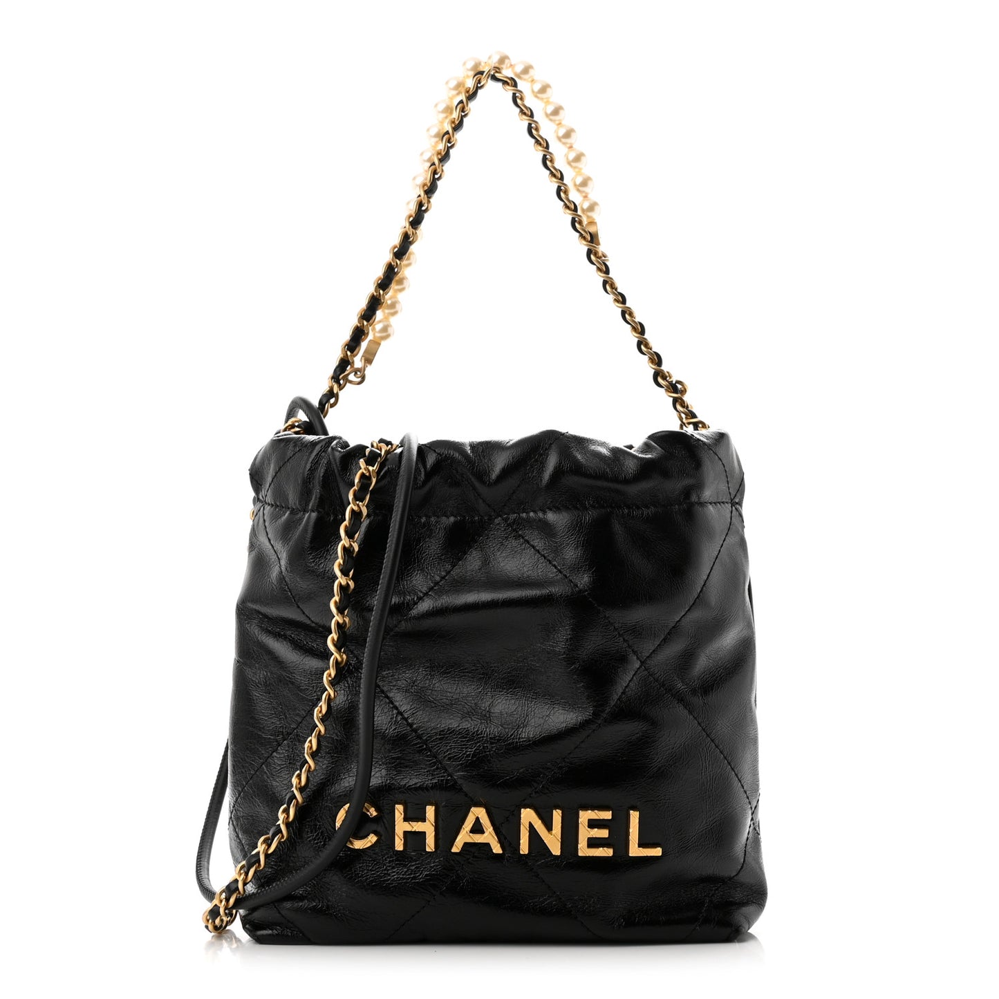 Shiny Crumpled Calfskin Quilted Pearl Mini Chanel 22 Black