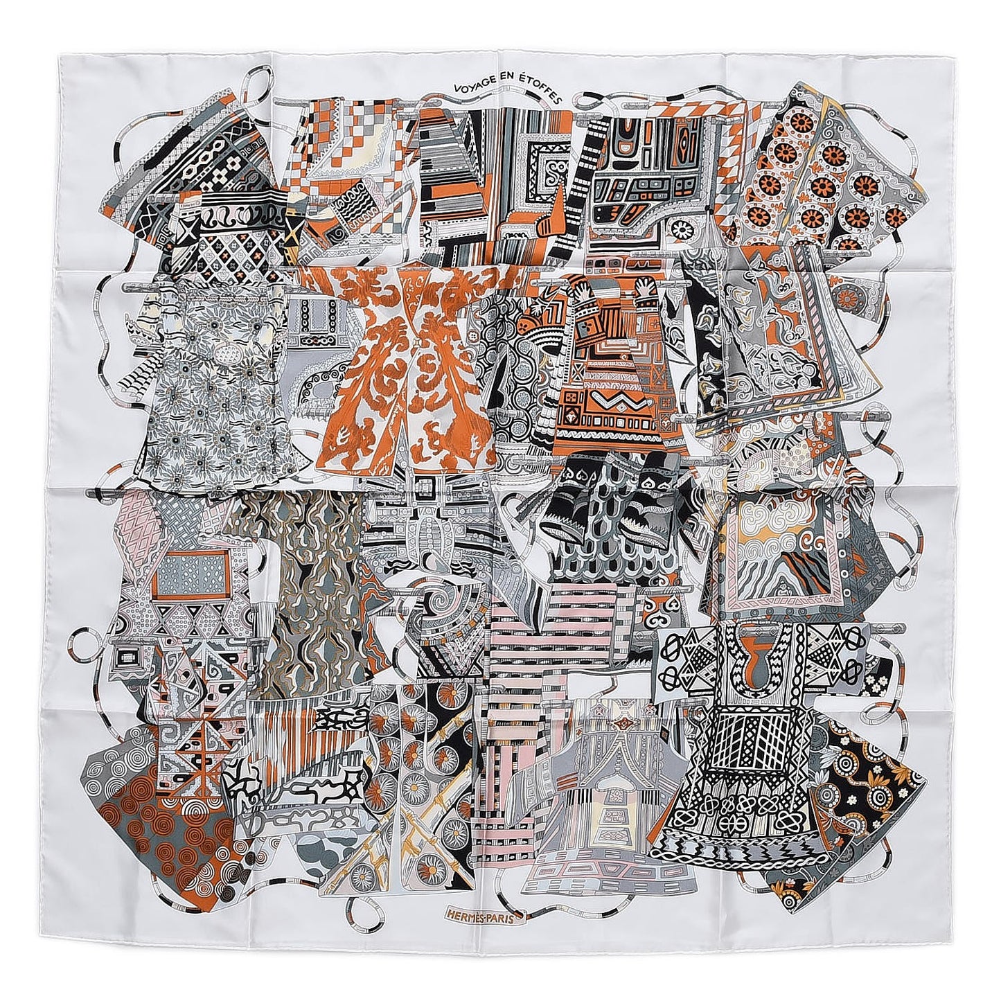 Silk Voyage En Etoffes Scarf 90 Blanc Vert De Gris Orange