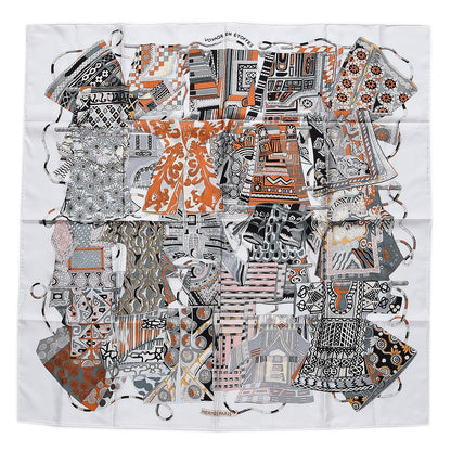 Hermes Silk Voyage En Etoffes Scarf 90 Blanc Vert De Gris Orange 1 of 4