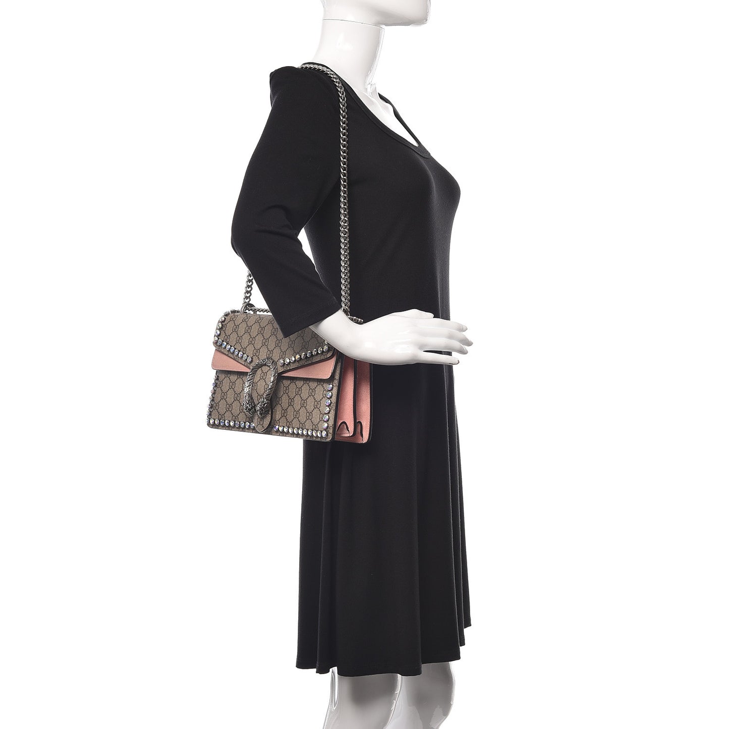 GG Supreme Monogram Suede Crystal Small Dionysus Shoulder Bag Beige Ebony Light Peonia