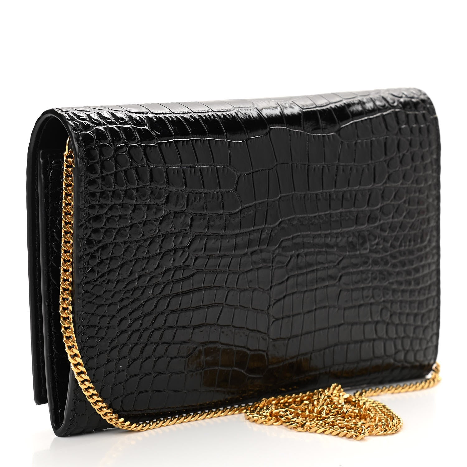 Saint Laurent Calfskin Crocodile Embossed Monogram Chain Wallet Black 3 of 10