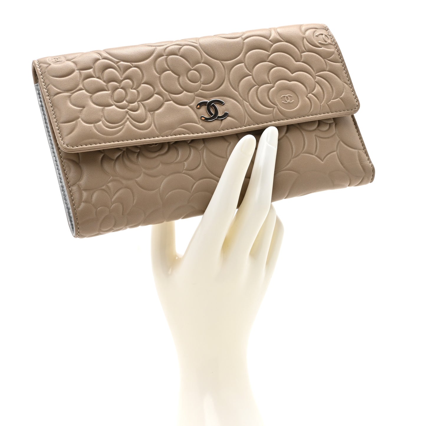 Lambskin Camellia Embossed Large Flap Wallet Gold