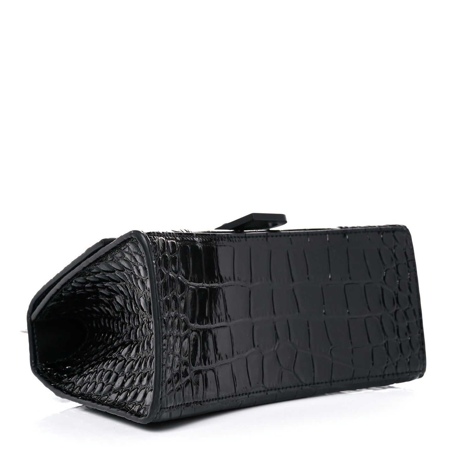 Shiny Calfskin Monochrome Crocodile Embossed Small Hourglass Top Handle Bag Black