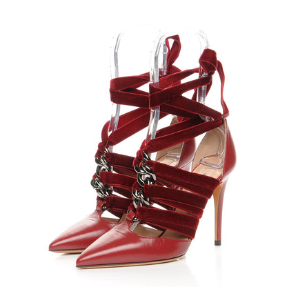 Valentino Garavani Calfskin Velvet Lace Up Pumps 37 Rubino 3 of 8
