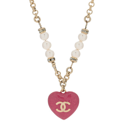 Chanel Resin Crystal Pearl Chain Heart CC Drop Necklace Pink White Gold 4 of 4