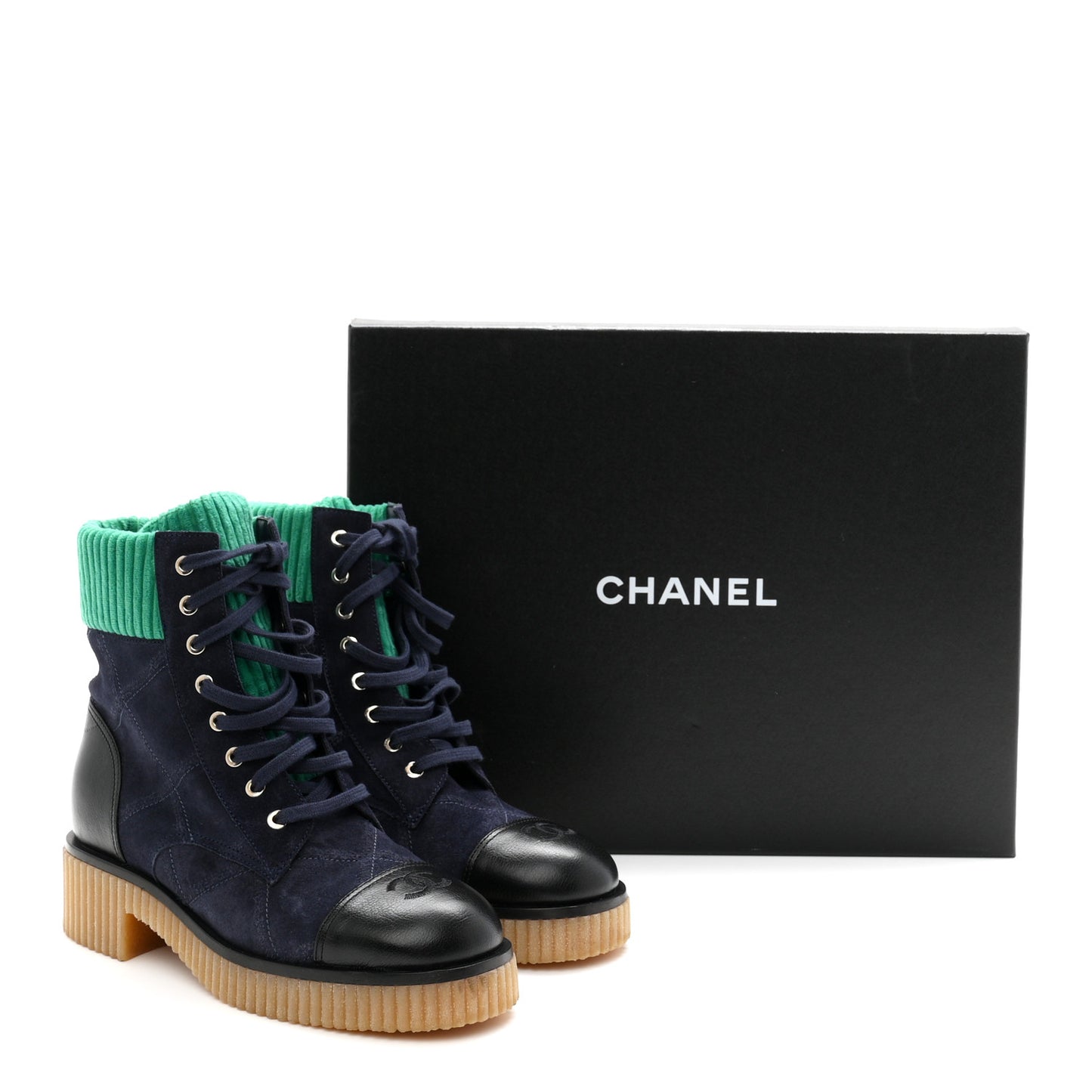 Suede Calfskin Velvet Quilted CC Combat Boots 39 Navy Green Black
