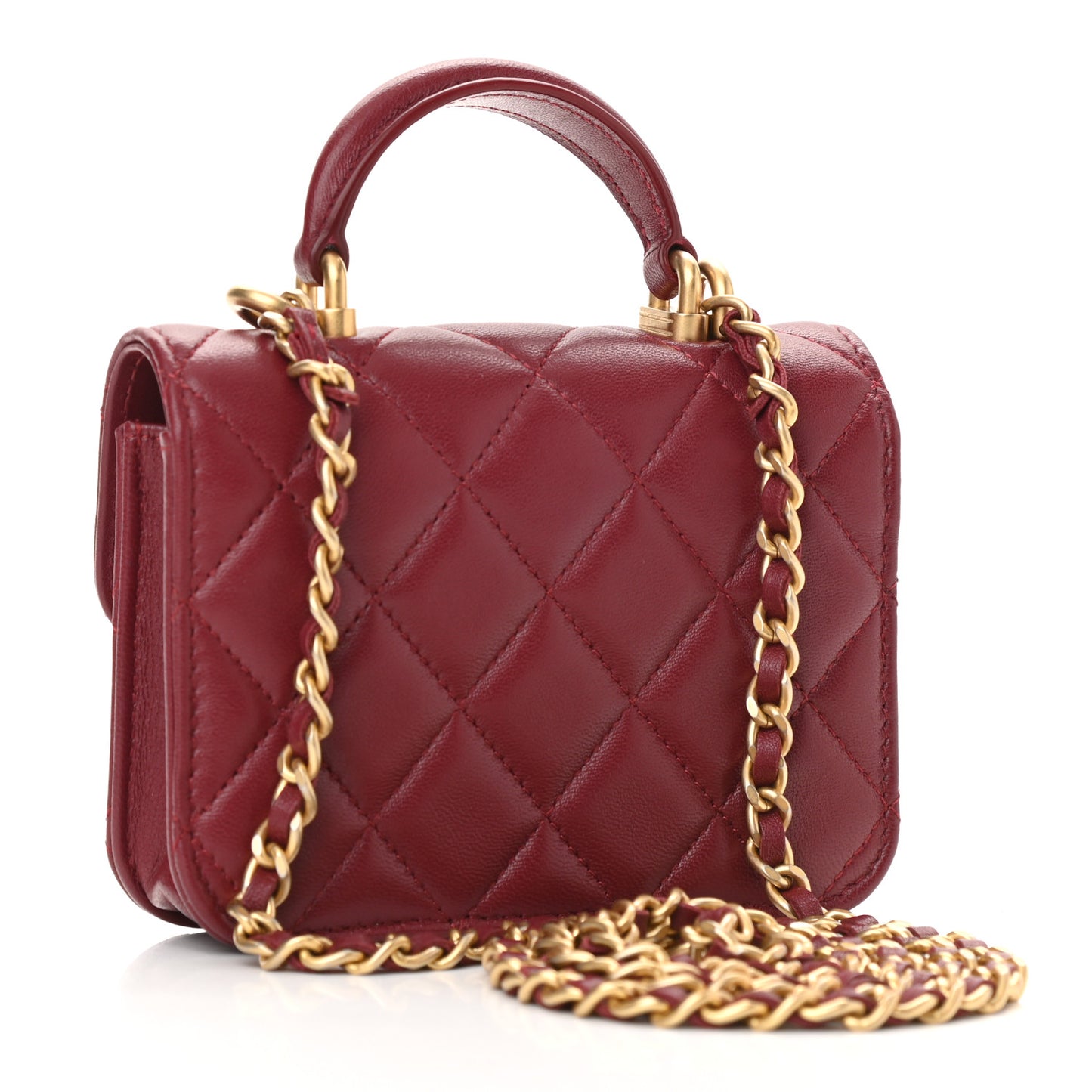 Lambskin Quilted Top Handle Flap Coin Purse With Chain Burgundy