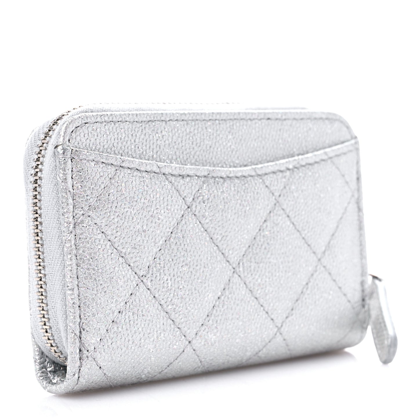 Glittered Metallic Caviar Quilted Zip Coin Purse Wallet Silver