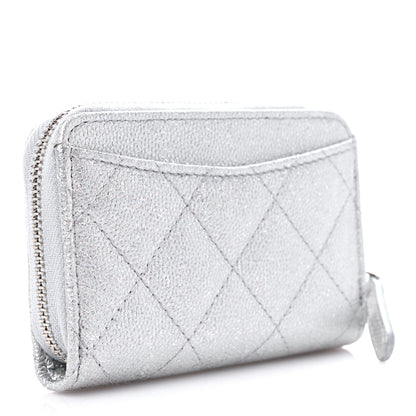 Chanel Glittered Metallic Caviar Quilted Zip Coin Purse Wallet Silver 3 of 8