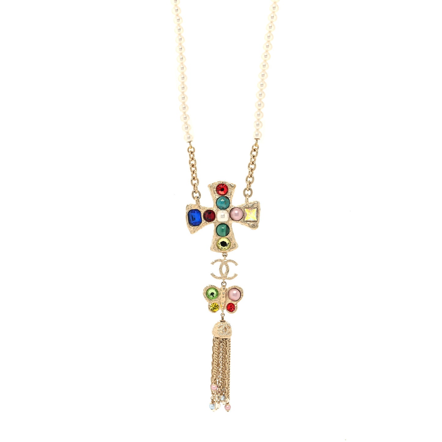 Beaded Pearl CC Pendant Necklace Gold Multicolor