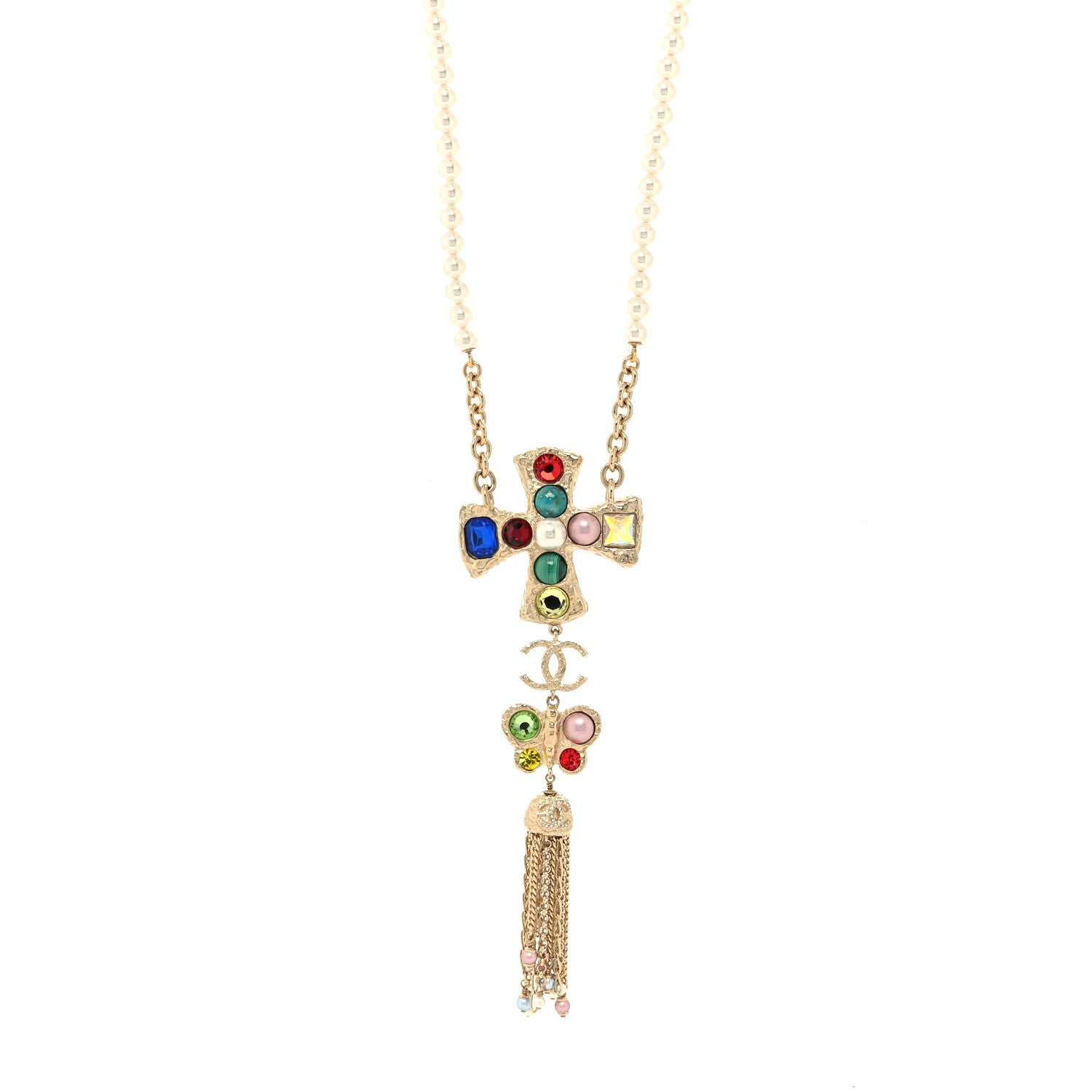 Chanel Beaded Pearl CC Pendant Necklace Gold Multicolor 1 of 5