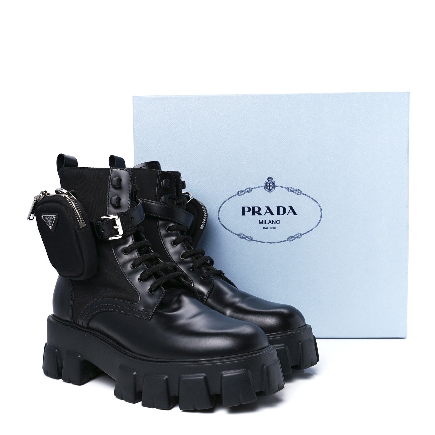 Prada Spazzolato Rois Re-Nylon Metal Triangle Logo Monolith Pouch Pocket 55mm Boots 41 Black 11 of 11