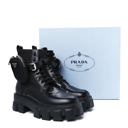 Prada Spazzolato Rois Re-Nylon Metal Triangle Logo Monolith Pouch Pocket 55mm Boots 41 Black 11 of 11