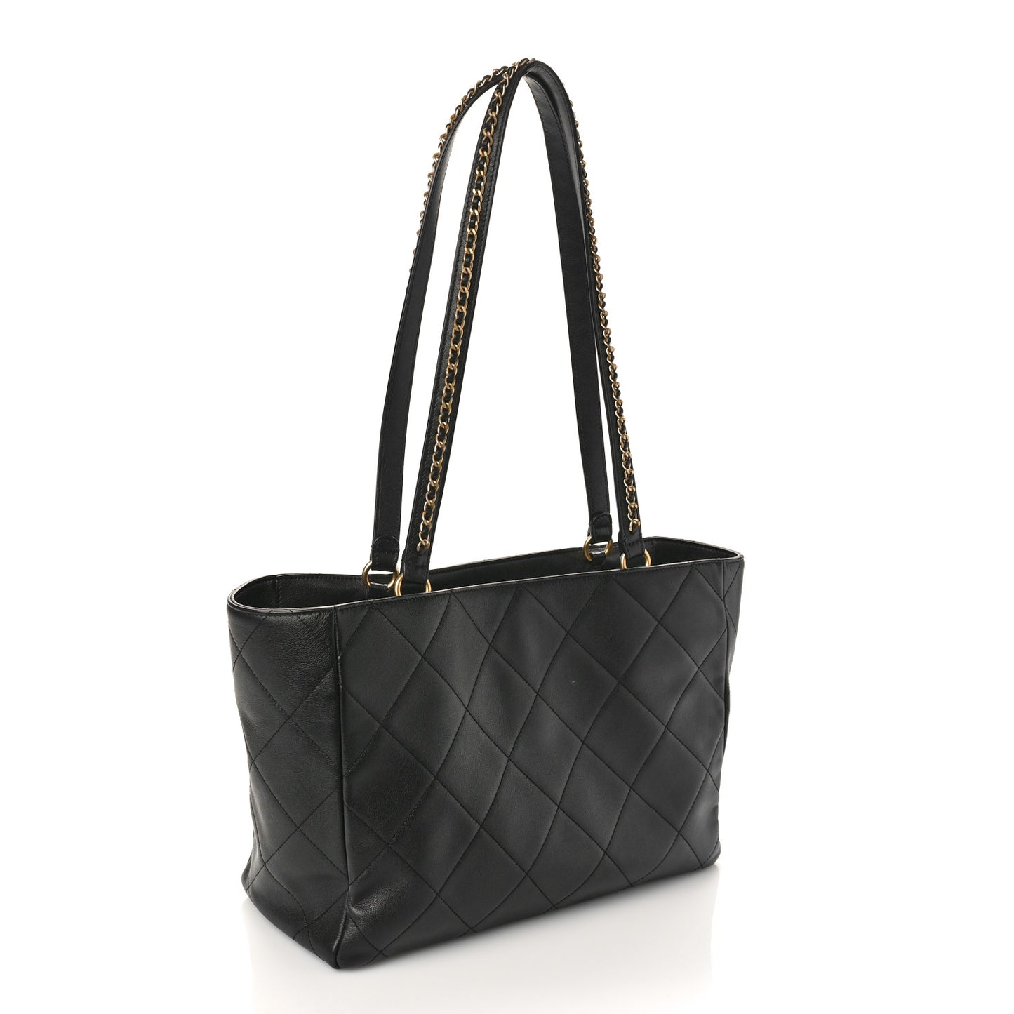 Calfskin Quilted Chain Shopping Tote Black