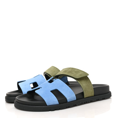 Hermes Suede Goatskin Womens Chypre Sandals 37 Bleu Cameo Vert 3 of 10