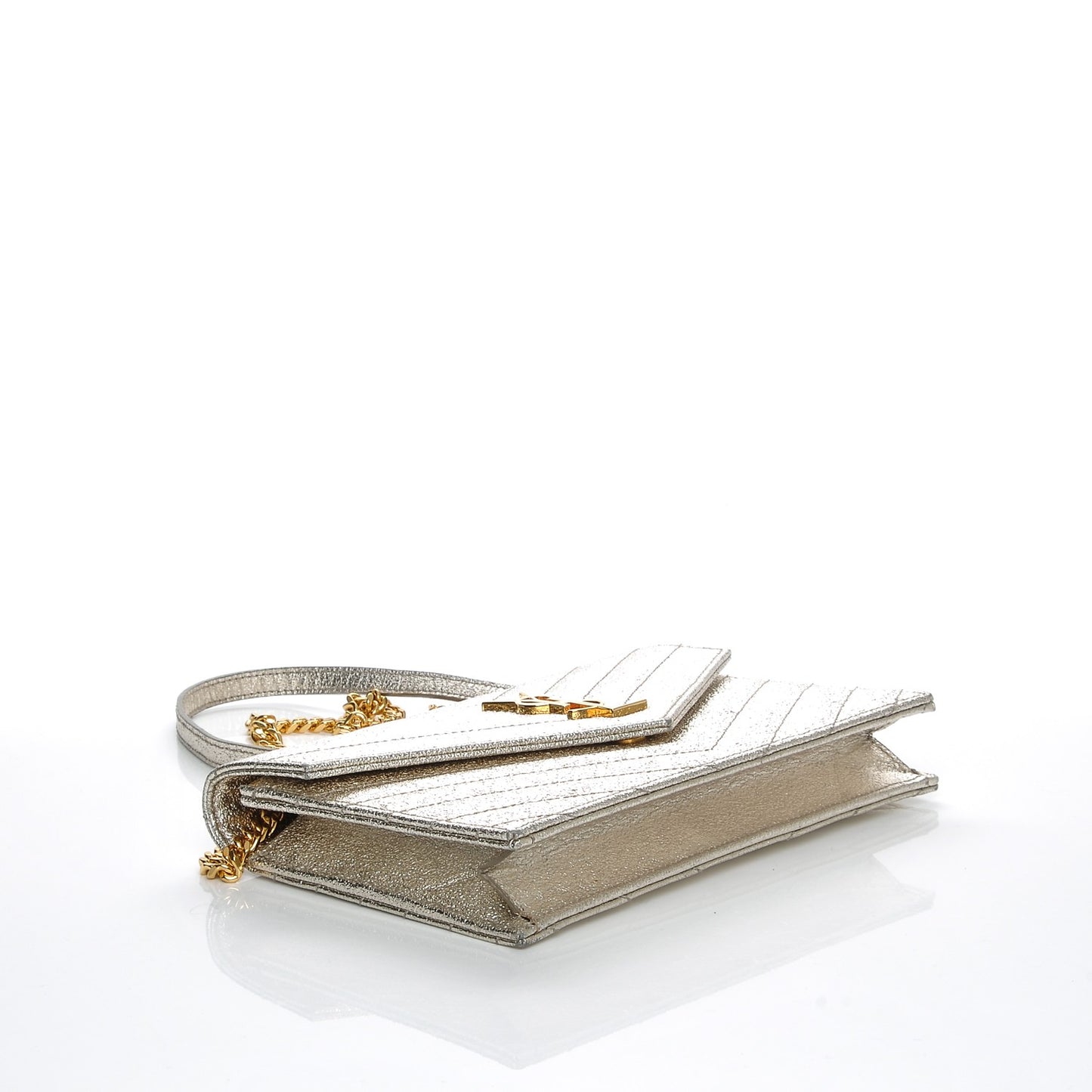 Metallic Calfskin Matelasse Chevron Monogram Envelope Chain Wallet Pale Gold